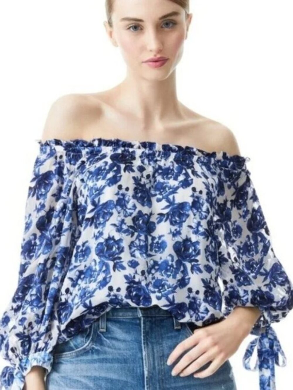 Alice + Olivia Alta Peasant Top in Blue Floral Off the Shoulder Sheer Sleeve Top